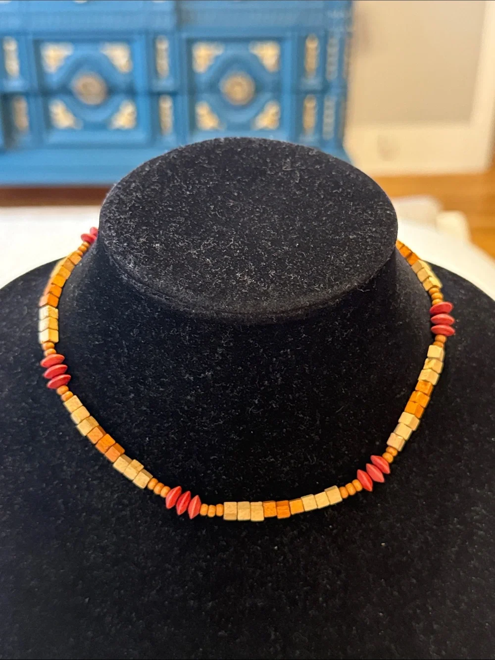 Vintage Boho Brown Orange Red Beaded Choker Collar Statement Necklace